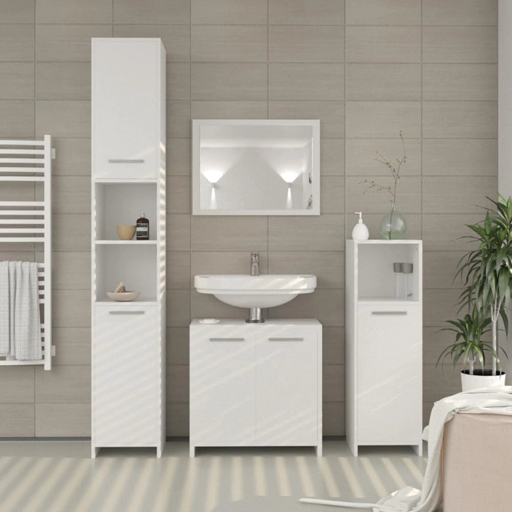 Set mobili bagno Kiko, Bianco, 58 cm, composto da specchio da bagno e mobile sottolavabo