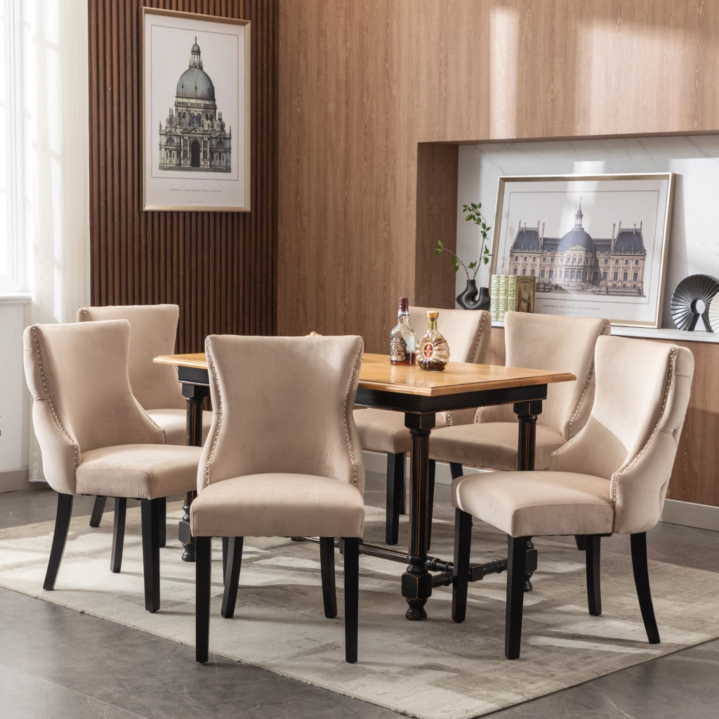 Sedie da Pranzo Imbottite in Velluto ¨C Xylo ¨C Beige, Gambe in Legno Massello, Set 6 Pezzi