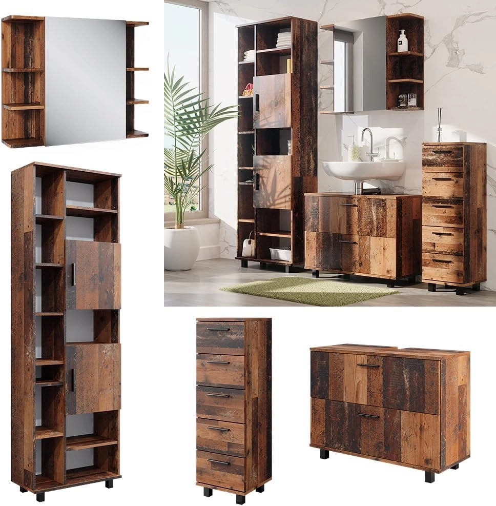 Set di mobili da bagno Ilias, Rovere rustico, 80.2 cm, composto da mobile lavabo, pensile a specchio, colonna e base media