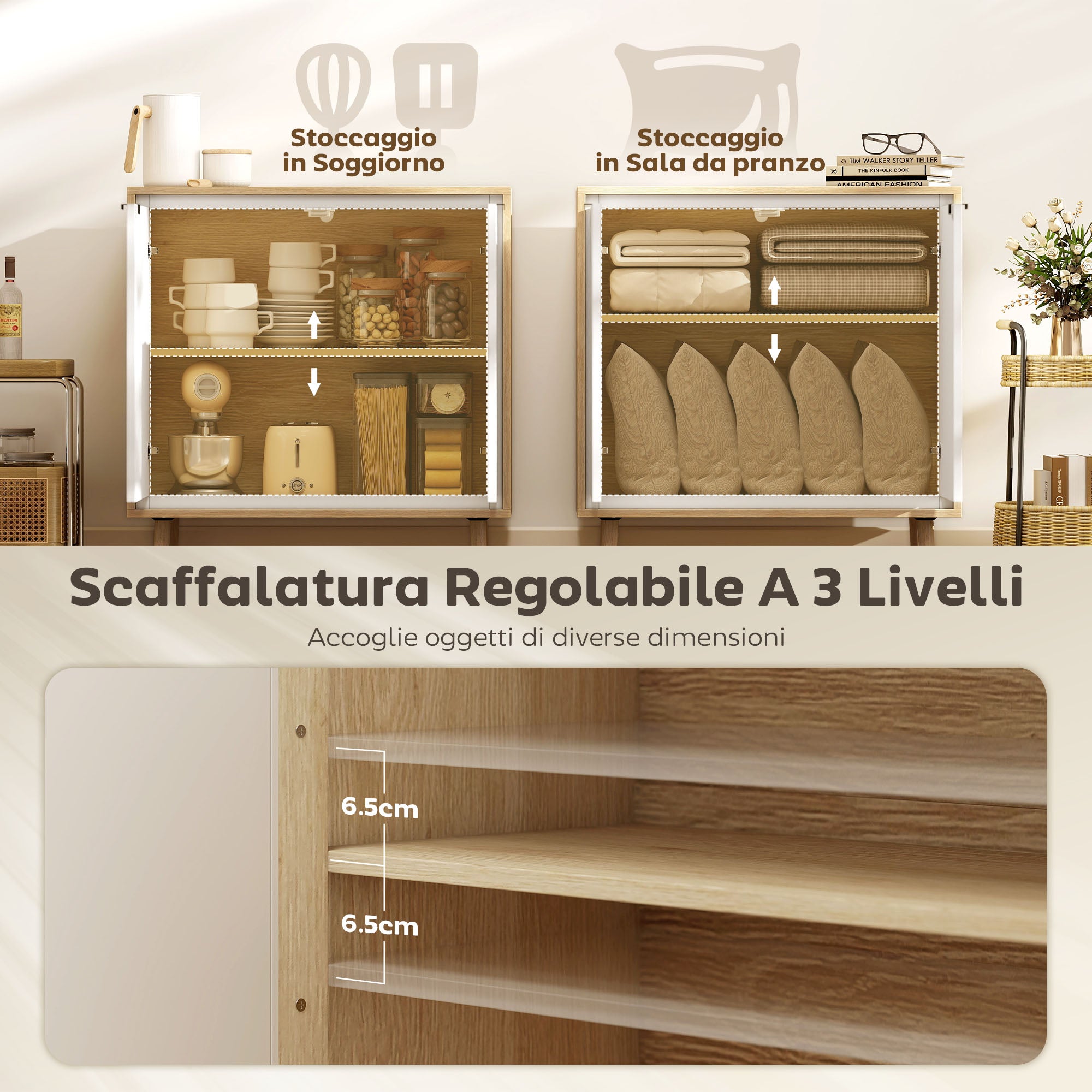 Credenza Moderna 72x35x77 cm a 2 Ante con Ripiano Regolabile Bianco Lucido e Rovere