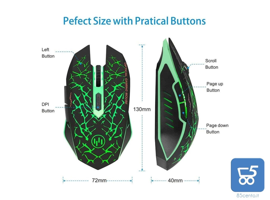 Uiosmuph TENMOS K6 Mouse Gaming Wireless Ricaricabile, 2,4G USB LED Mouse Senza Fili Ottico, Sleep Automatico, Impugnatura Ergonomica, DPI Regolabili, 6 Pulsanti per PC/Notebook