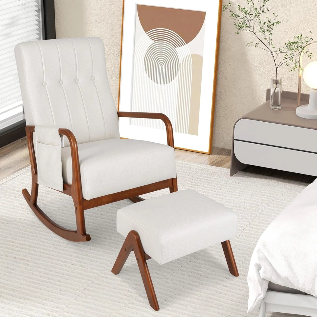 Poltrona Relax a Dondolo con Pouf, Sedia Soggiorno con Schienale Imbottito, Struttura in Legno, Tasca Laterale, Set Poltrona e Poggiapiedi per Soggiorno Camera da Letto