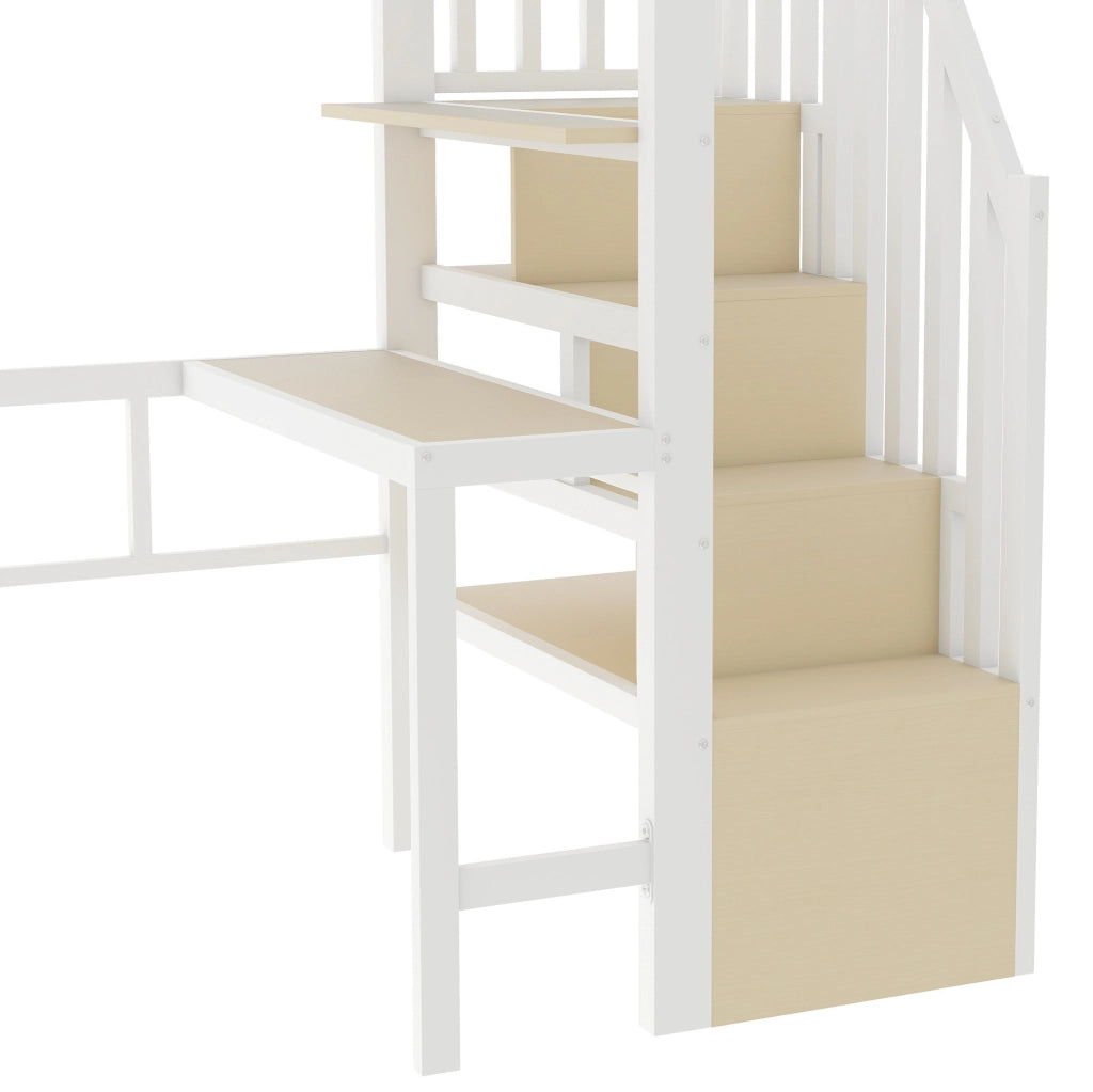 Letto a soppalco ULEVR 90x200 cm con scrivania, ripiani, gradini contenitore e barra LED regolabile, bianco