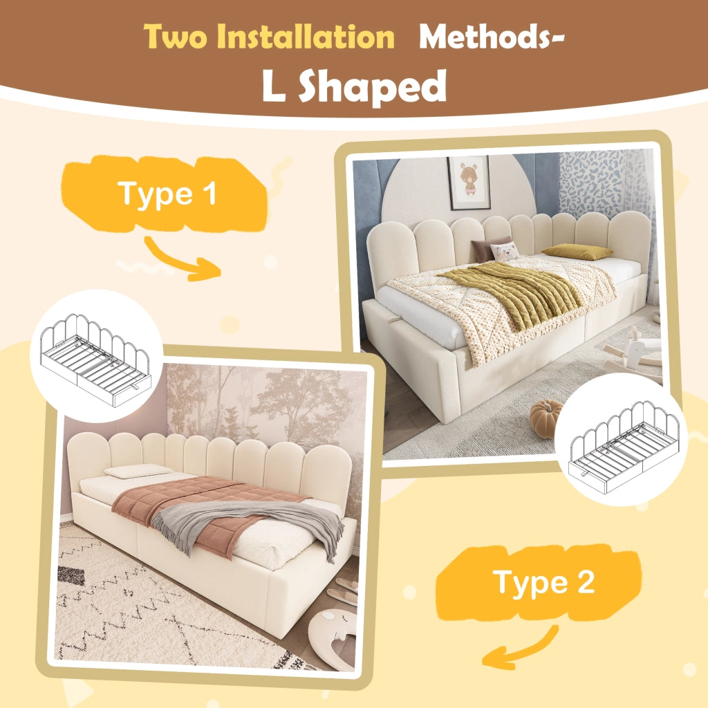 OKWISH Letto Banquette 90×200 cm, Letto Singolo con Contenitore Idraulico e Testiera, senza Materasso, in Velluto, Beige