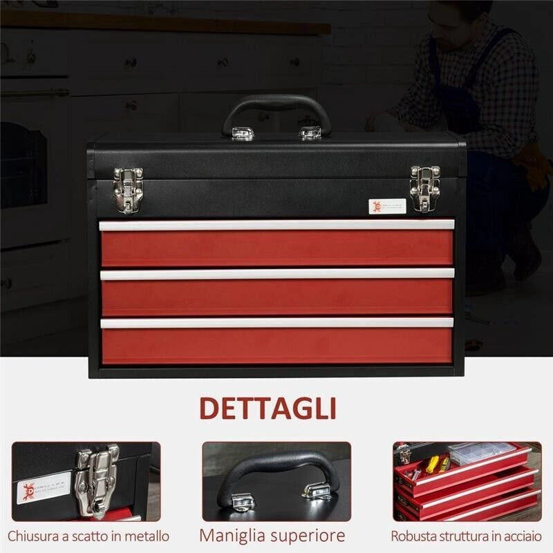 CASSETTA PORTA ATTREZZI IN ACCIAIO CON 3 CASSETTI 51X22X32CM ROSSO E NERO