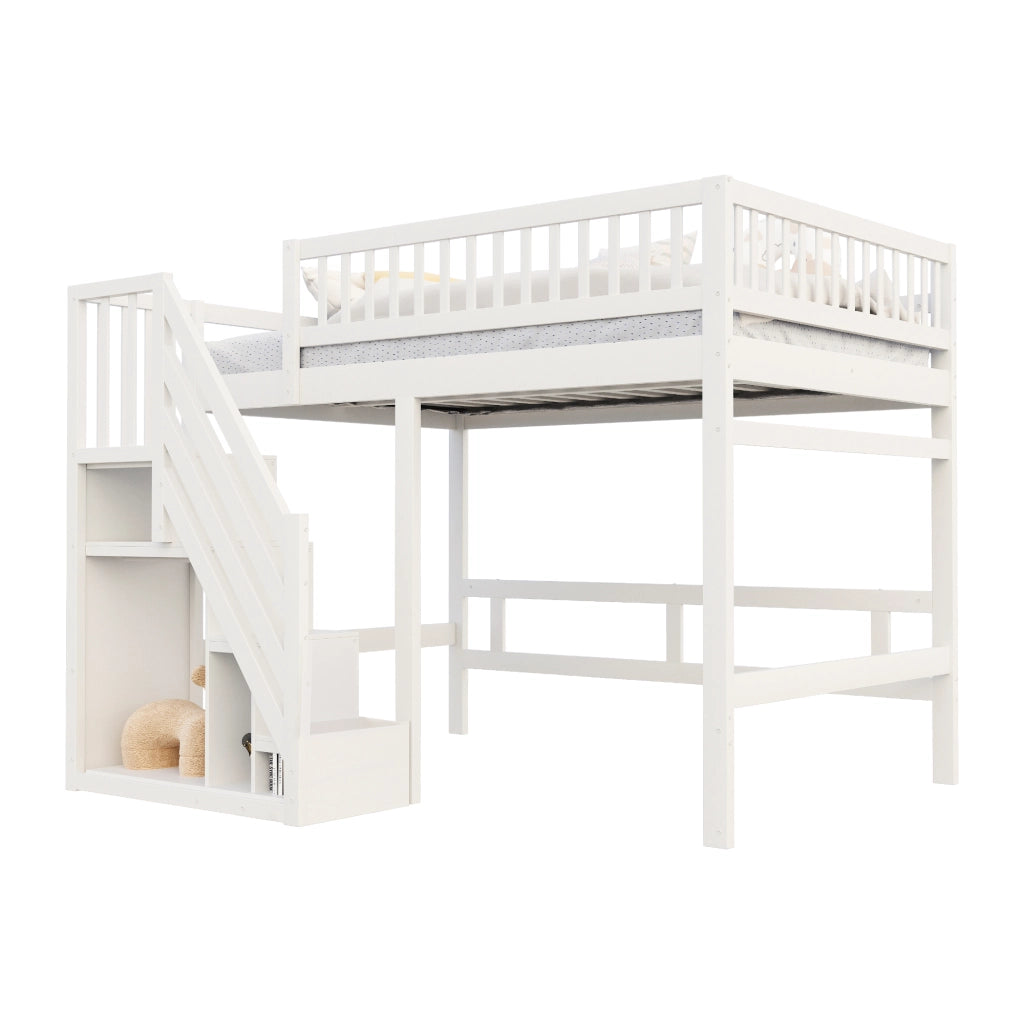 Letto a castello in legno bianco con scala a scomparti e parapetto alto 140x200 cm