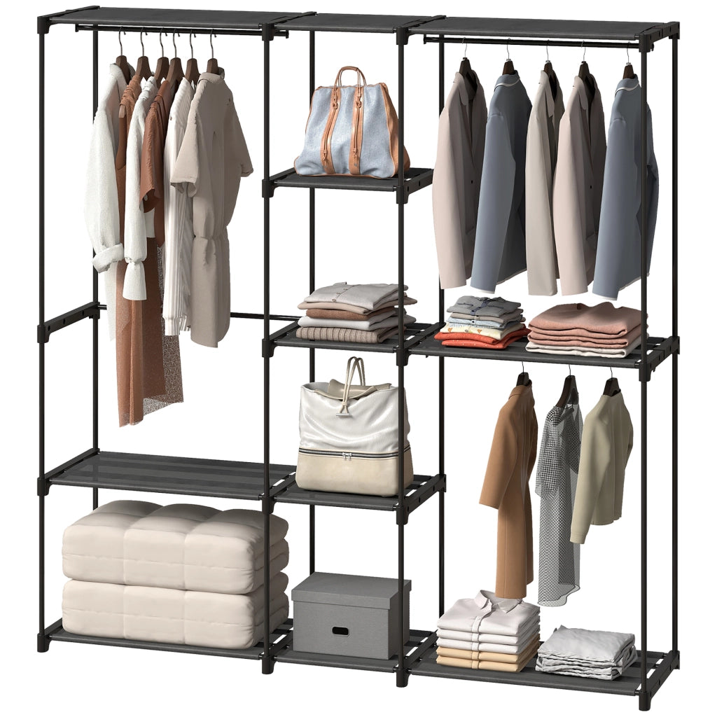 Armadio Guardaroba in Tessuto con 8 Ripiani e 3 Aste per Appendere, 182x43x185 cm, Nero