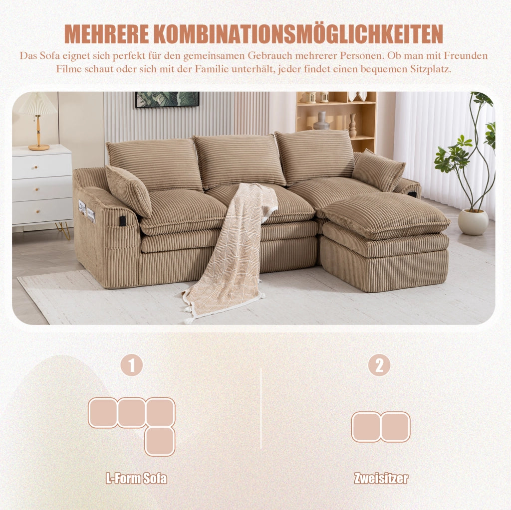 Divano modulare in velluto a coste con pouf; khaki; 263 x 167 x 85 cm
