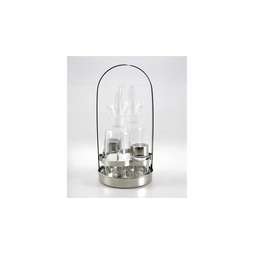 ILSA 123863 Set Menage 4 pezzi con ampolle per olio aceto sale e pepe in acciaio inox diametro 12 cm colore Acciaio