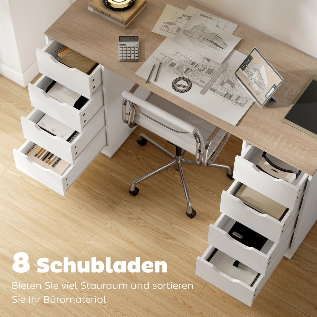 Scrivania 140 cm con 8 cassetti ¨C Xylo ¨C legno e metallo bianco per ufficio e camera