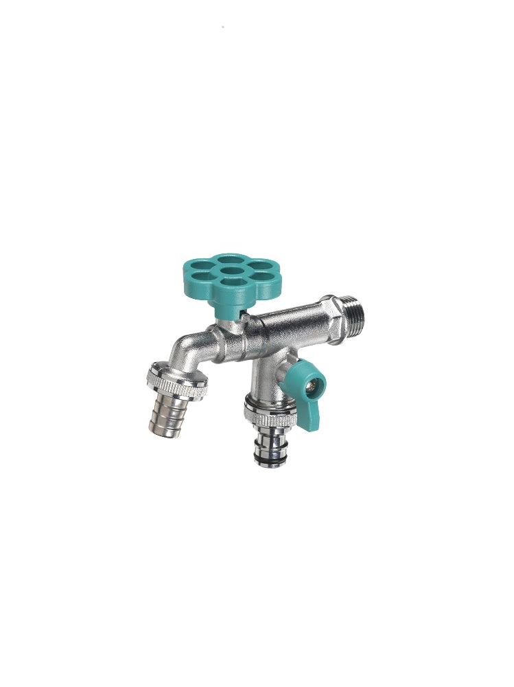 Rubinetto doppio con manopola a fiore Belfer Ø 30 mm Colore: Turchese