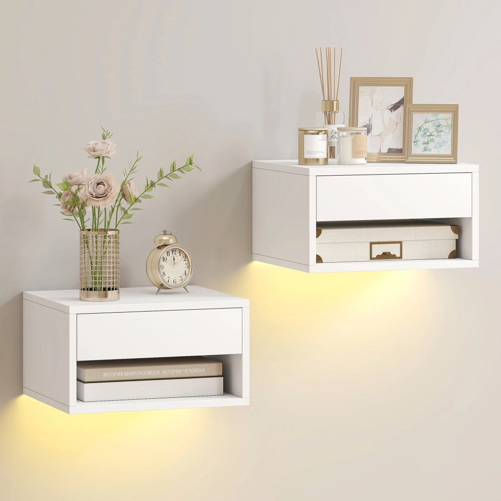 Comodino sospeso con luce LED RGB, scaffale, cassetto ¨C Minimal ¨C bianco, 37x32x21cm