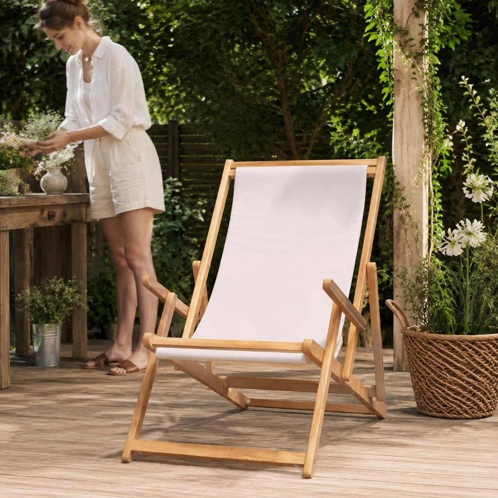 Folding Beach Chair, Solid Teak Wood, Cream