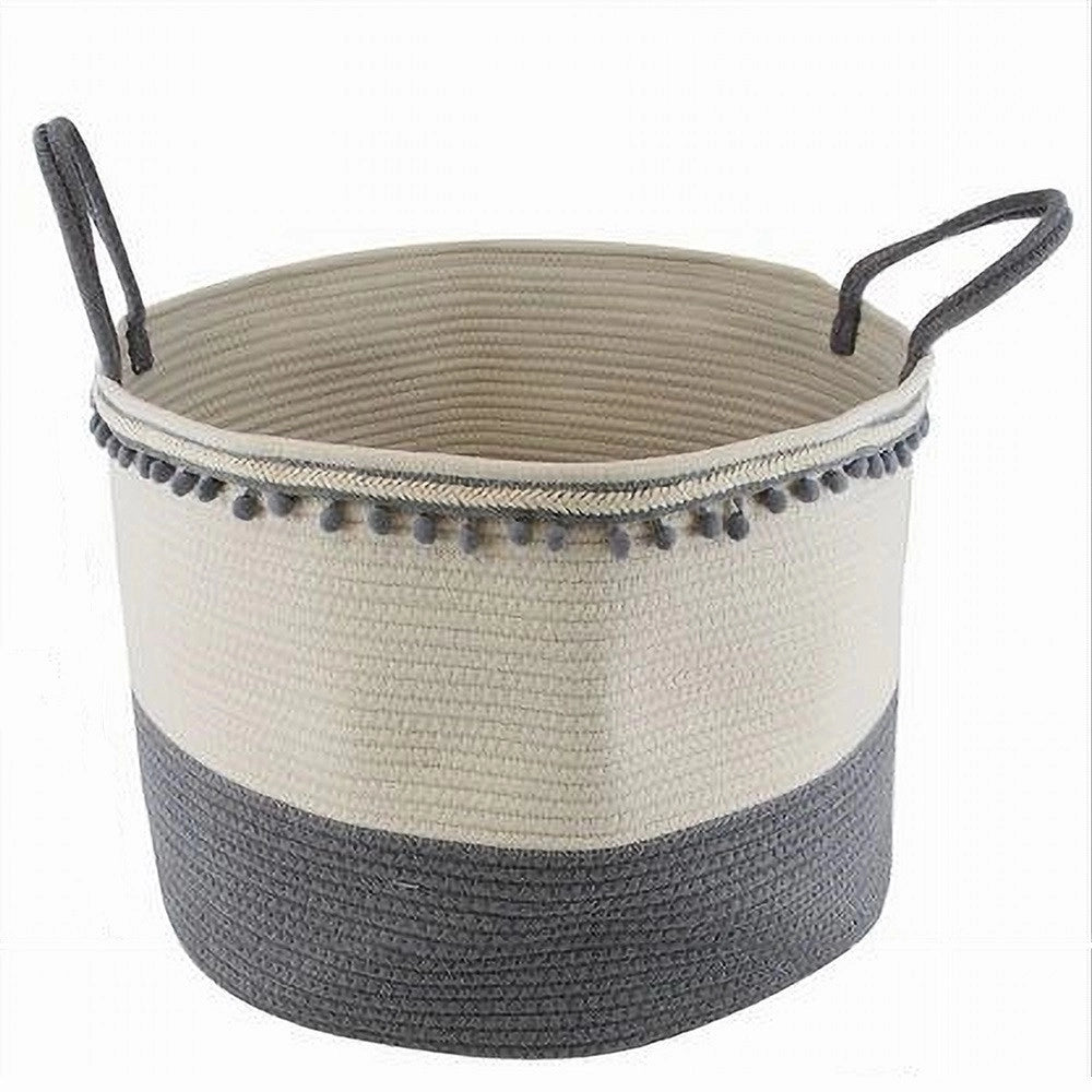 Trade Shop - Cesto Portaoggetti Per Biancheria In Corda Ponpon Grigi Con Manici 50x35cm 10673 -