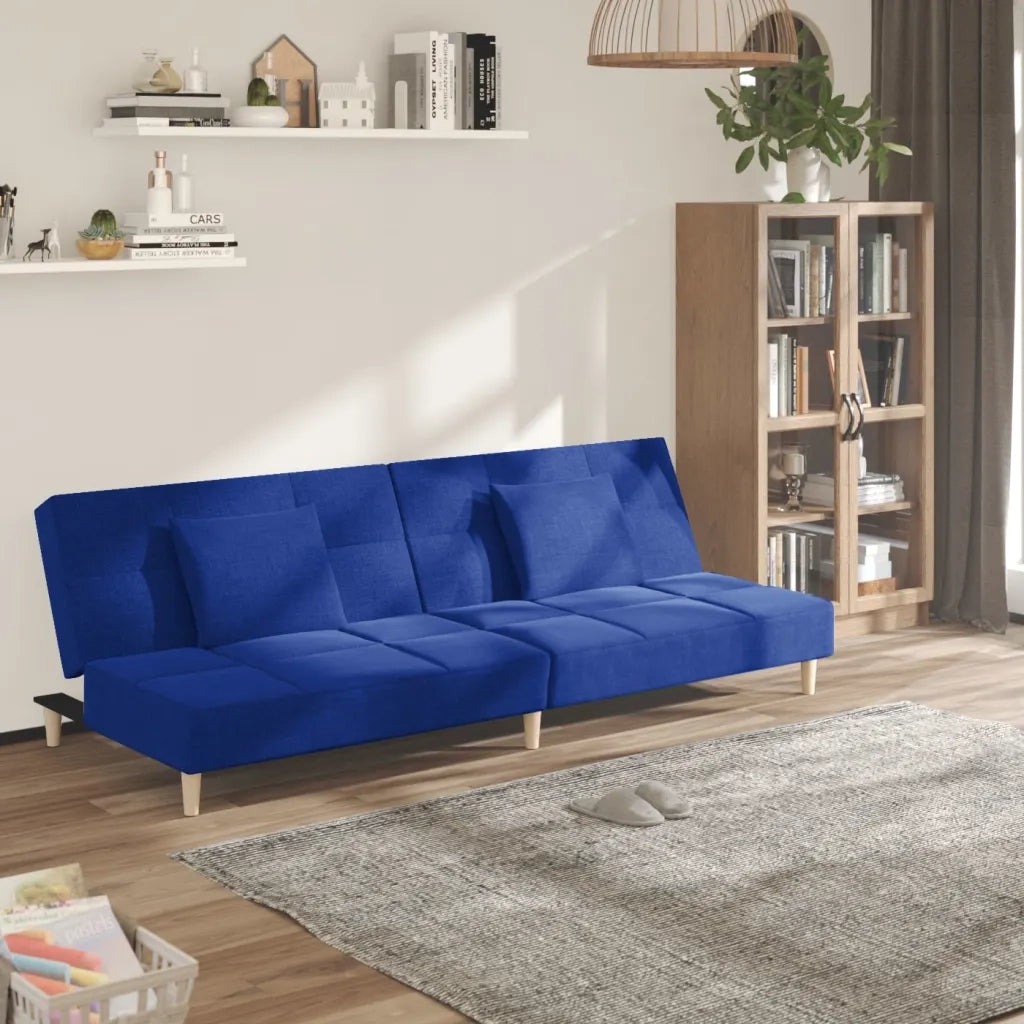 Divano Letto a 2 Posti con 2 Cuscini Blu in Tessuto 375796