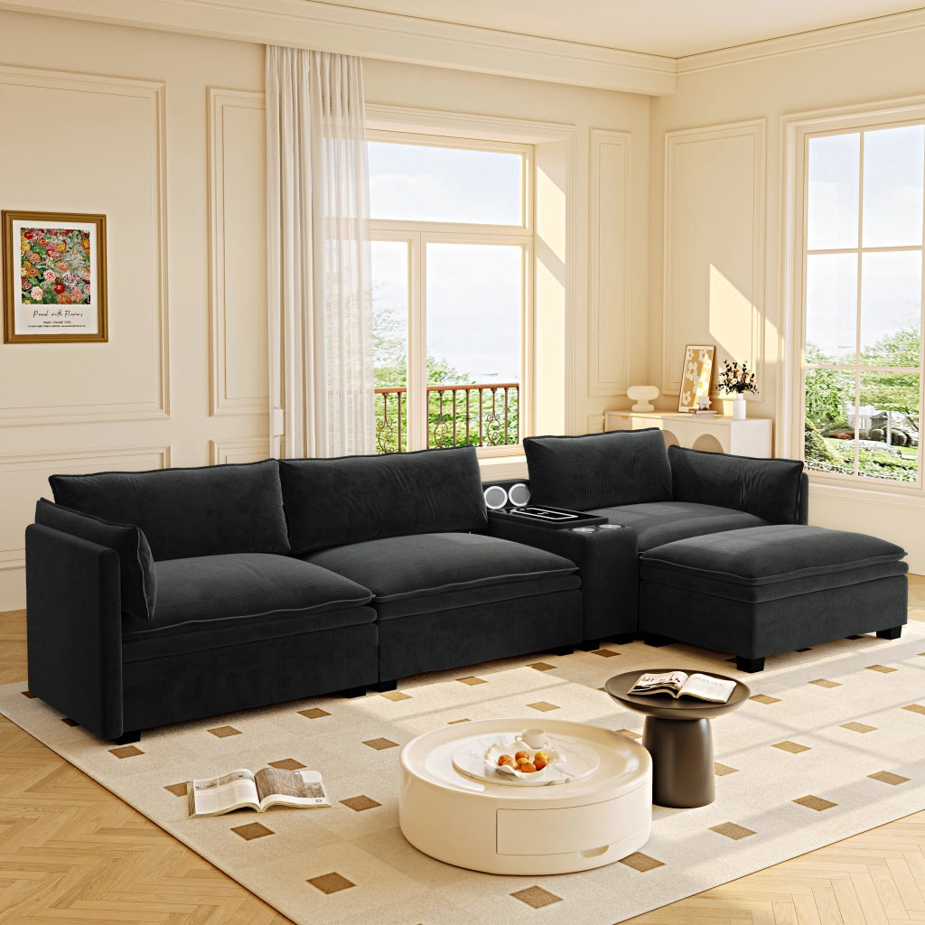 Divano modulare 4 posti con ricarica wireless, luce, altoparlanti e contenitore, Chenille Nero