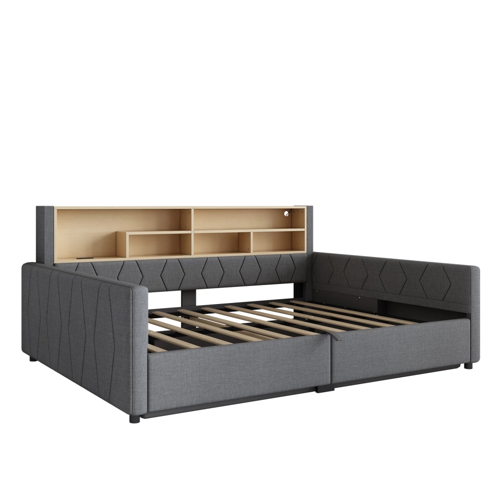 Letto contenitore 140x200 in lino grigio con luce LED regolabile