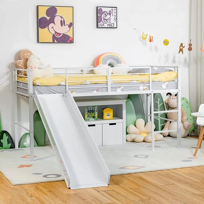 Letto Singolo a Soppalco, Struttura Letto con 4 Barriere di Sicurezza, Scala a 2 Gradini e Scivolo, Mini Struttura del Letto per Bambini, Capacità di Carico 150 kg (Bianco)