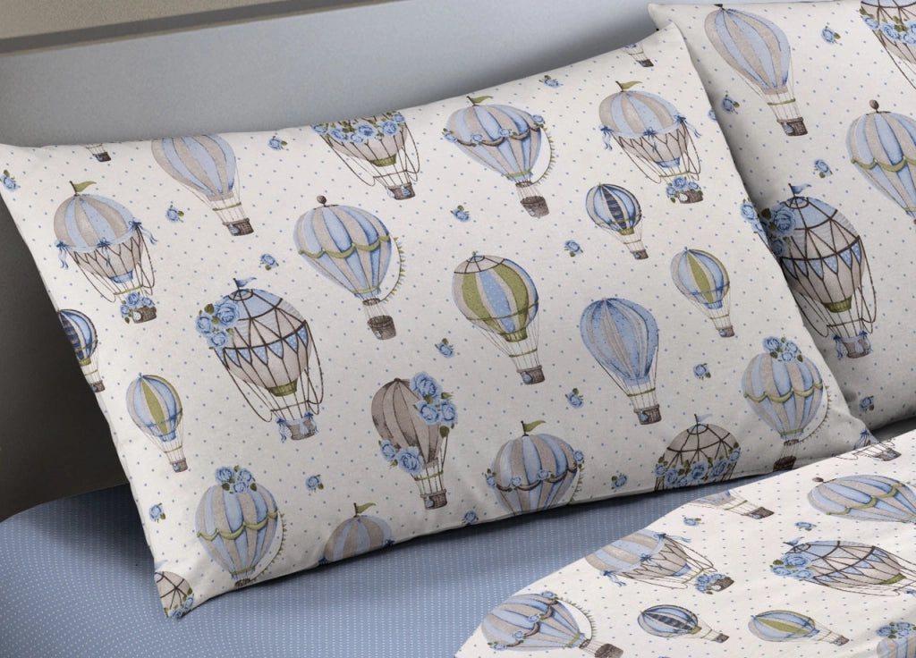 Completo Lenzuola Letto Camera In 100% Cotone Made Italy Vari Disegni RP - 2 Piazze - Mongolfiera Blu