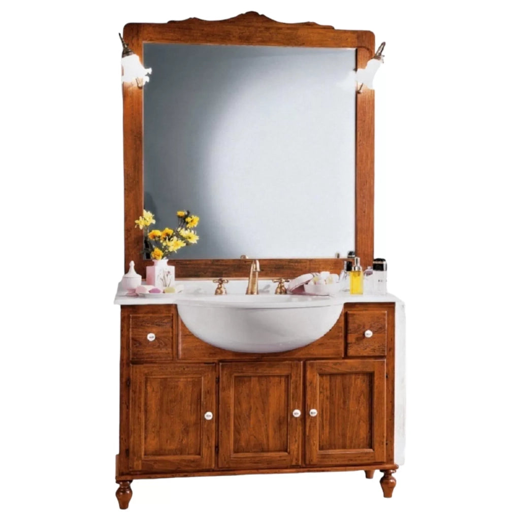 Mobile bagno 115 cm in legno lavabo 2 cassetti 3 porte e specchio