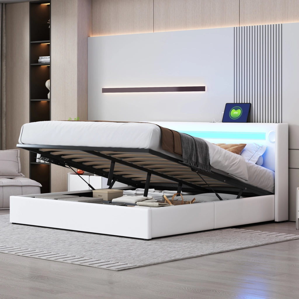 OKWISH Letto Contenitore 160×200 cm, Letto Matrimoniale con LED, Bluetooth, USB e Tipo C, senza Materasso, in Ecopelle, Bianco