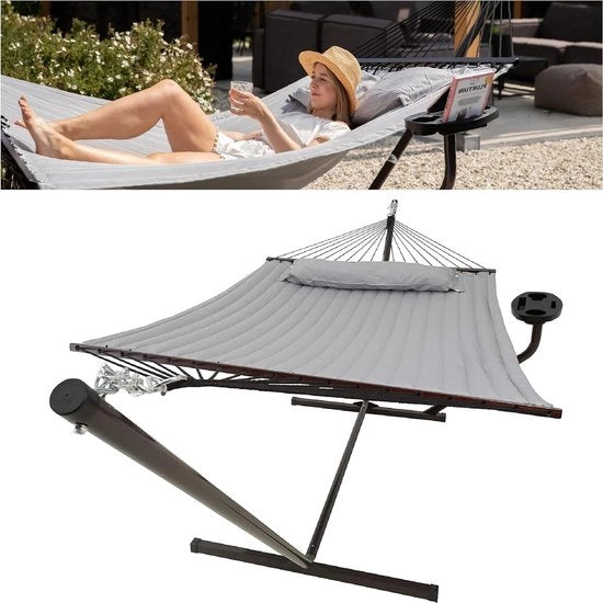 Cestello con Alzata e Barra di Spreader per 2 Persone, comprensivo di Supporto per Caffè, Cuscino Rimovibile - Grigio chiaro, Resistente ai Raggi UV e alle Intemperie