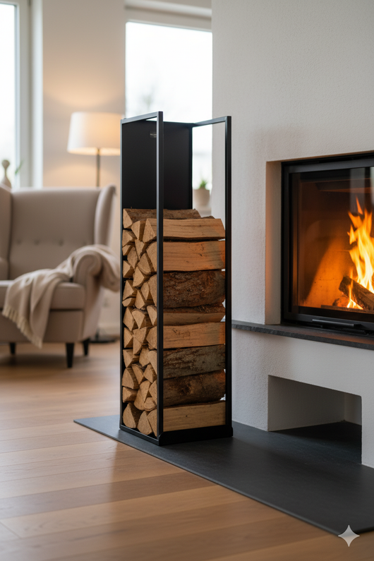 Portalegna per Camino 32x35x120cm in Ferro Verniciato Nero Opaco