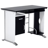 Scrivania per Computer con Ripiano, Cassetto e Armadietto, in MDF e Ferro, 100x52x75 cm, Bianca e Nera