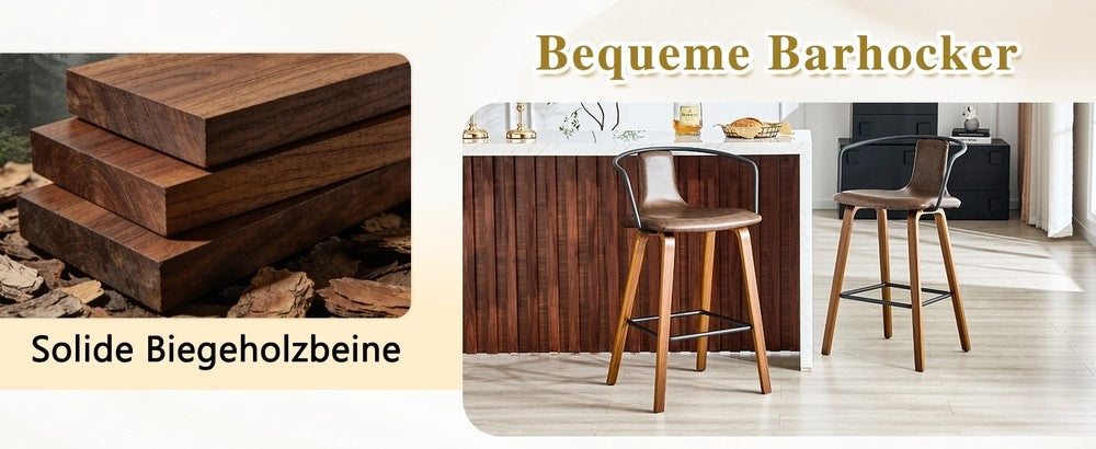 Set 2 Sgabelli da Bar con Braccioli ¨C MINIMAL ¨C Tessuto Teddy/Similpelle, Gambe in Legno, Poggiapiedi in Metallo