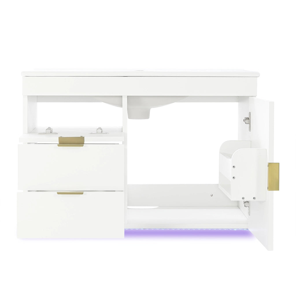 Mobile bagno sospeso con lavabo LED controllabile tramite app in MDF bianco