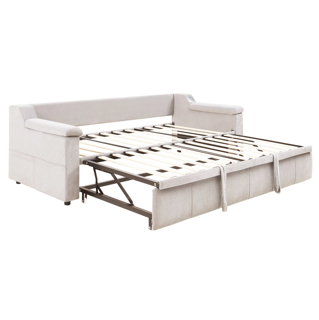 Divano letto imbottito ULEVR 90/180x190 cm con estrazione idraulica, stereo Bluetooth, USB e vani beige