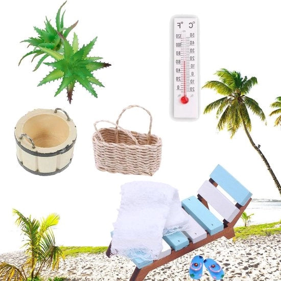 Set di ombrelloni per miniatura 8 pezzi con tema estivo - sedile da giardino in legno - sedile da spiaggia in miniatura per microscena - accessori per foto-requisiti - decorazioni estive per spiaggia