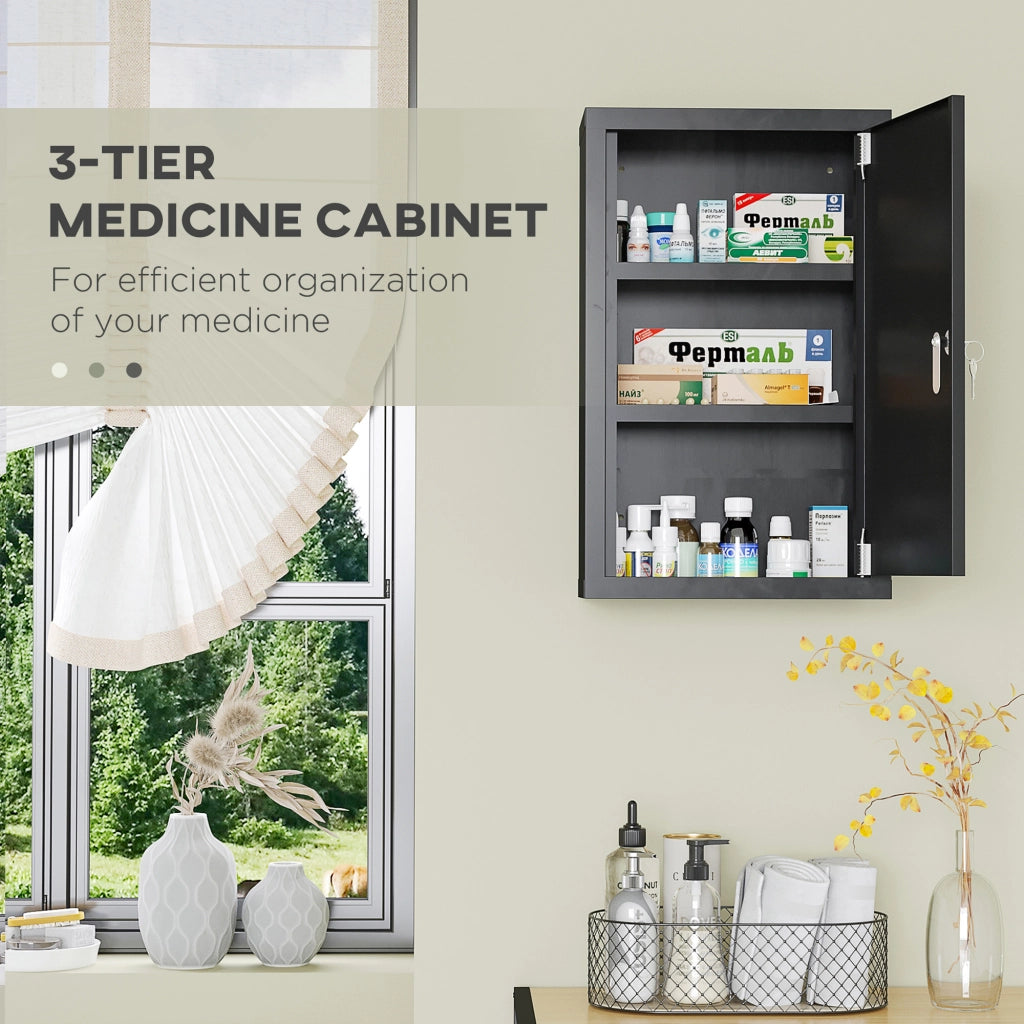 Easycomfort Armadietto Medicinali con 3 Mensole e Blocco con Chiavi in Acciaio, 30x14x46cm, Nero