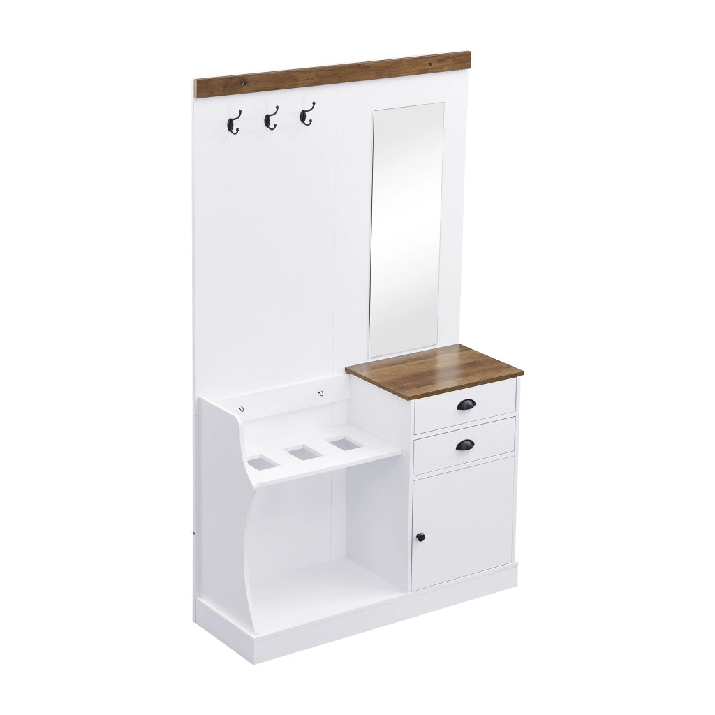 Set mobili da ingresso con specchio, 2 cassetti, anta, ganci e portaombrelli in pannello truciolare bianco