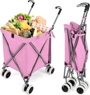 Carrello Spesa Pieghevole con Ruote, Carrello Portaspesa con Fodera in Tessuto Oxford Rimovibile e Impermeabile, 90L, Capacità di peso 55 kg (Rosa)