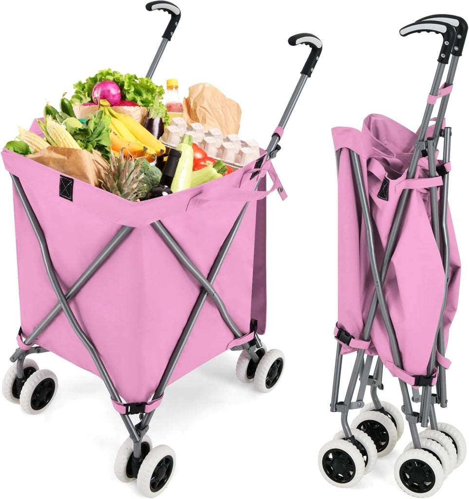 Carrello Spesa Pieghevole con Ruote, Carrello Portaspesa con Fodera in Tessuto Oxford Rimovibile e Impermeabile, 90L, Capacità di peso 55 kg (Rosa)