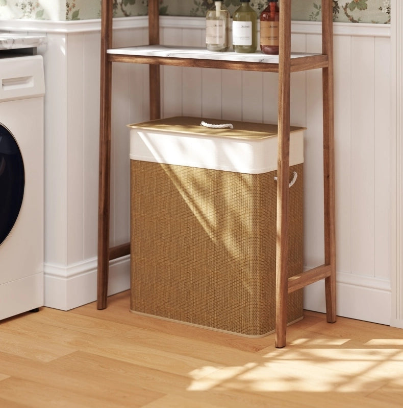 Cesto portabiancheria 52x32x63 cm con coperchio e sacco rimovibile in bambù marrone