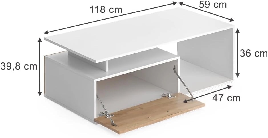 Tavolino da salotto Roland, Rovere bianco/dorato, 118 x 59 cm, con ripiano per la conservazione di riviste