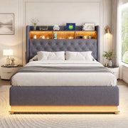 Letto matrimoniale imbottito LED 160x200 cm con USB e contenitore idraulico, grigio