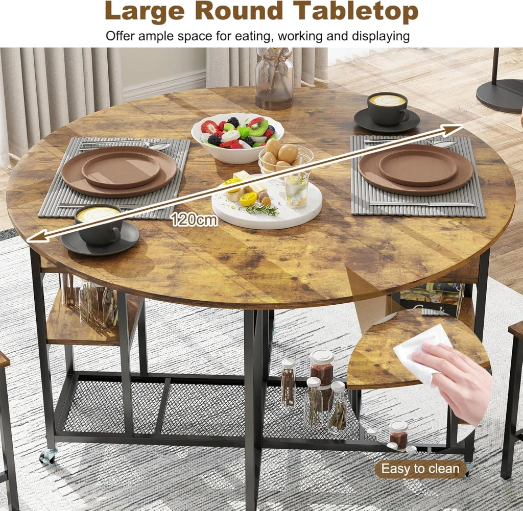 Set da pranzo, tavolo da pranzo pieghevole con 2 sgabelli, tavolo da cucina con ruote e portabottiglie e ripiani aperti, set per sala da pranzo, in metallo e legno, set da cucina, stile
