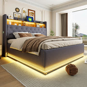 Letto matrimoniale imbottito 180x200 cm con LED; USB e contenitore idraulico; grigio