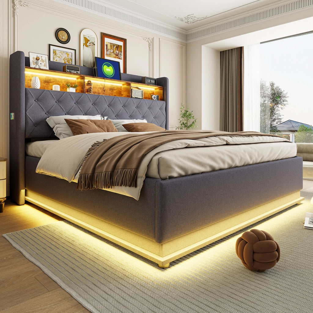 Letto matrimoniale imbottito 180x200 cm con LED; USB e contenitore idraulico; grigio