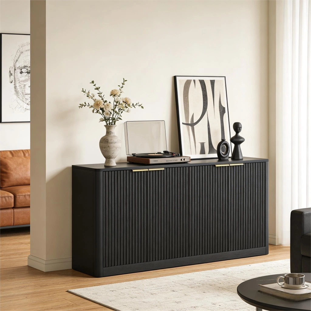 Credenza con 4 ante e vani chiusi; per soggiorno; in MDF; 150×40×70.5 cm; nera