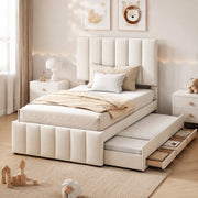 Letto imbottito singolo con letto estraibile e 3 cassetti 90x200 cm; beige