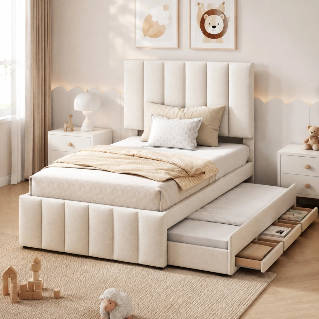 Letto imbottito singolo con letto estraibile e 3 cassetti 90x200 cm; beige