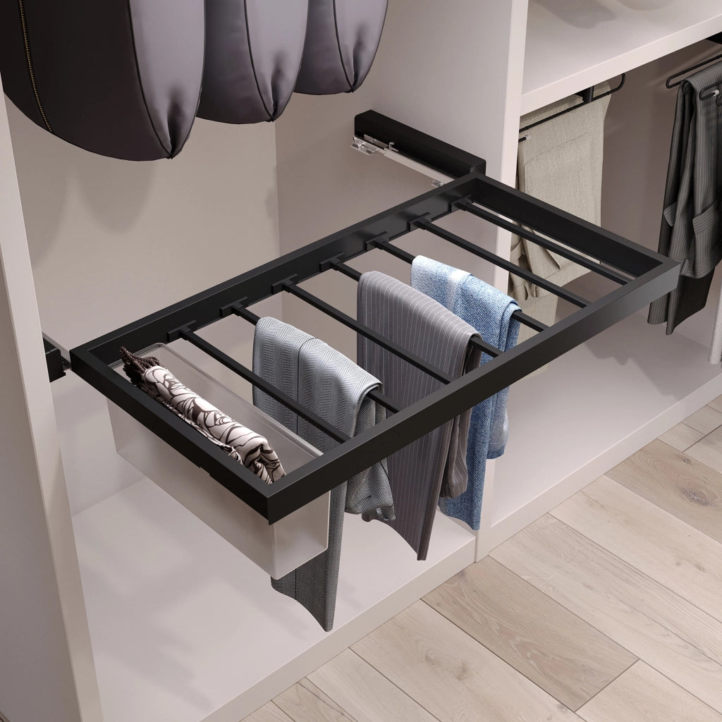 Kit 7 Aste Pantaloni e 2 Vassoi per Armadio 600 mm in Acciaio Emuca Nero