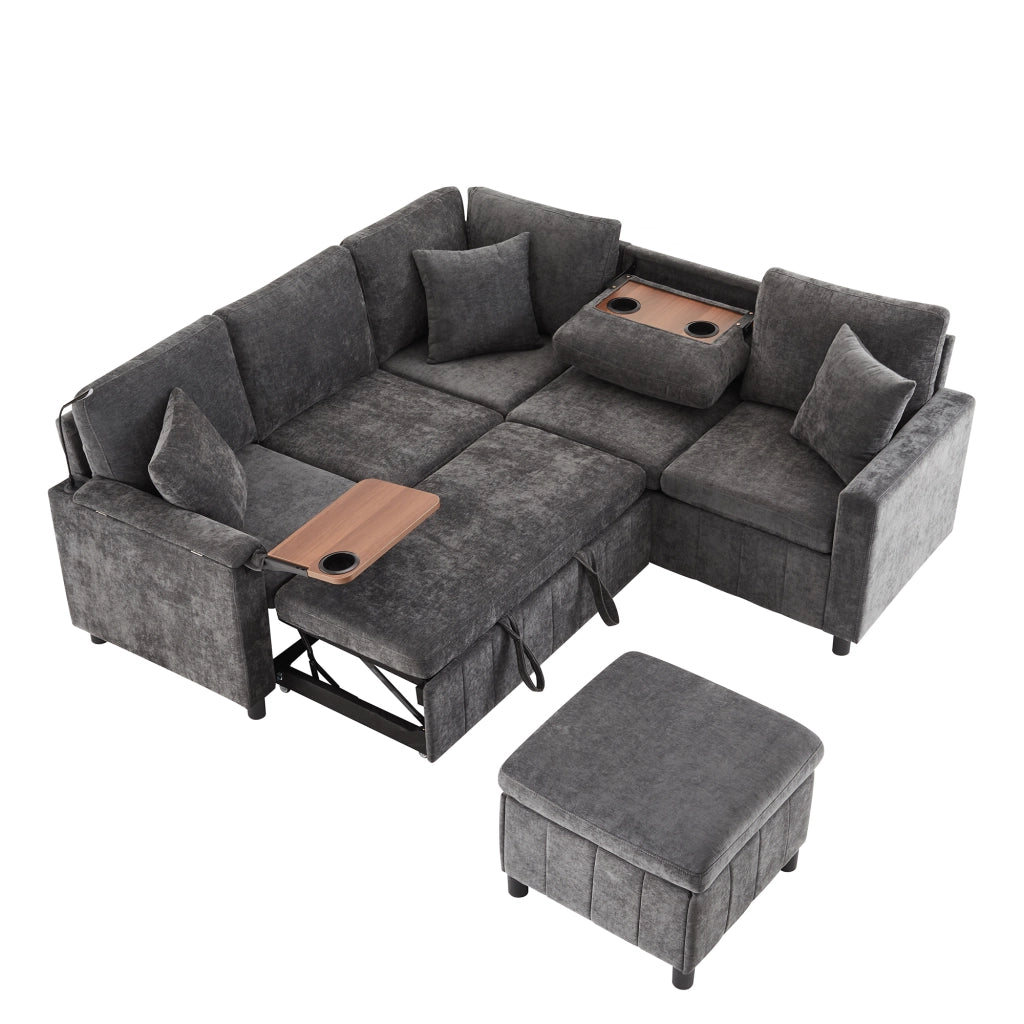 Divano angolare convertibile con funzione letto, usb e type-c, pouf contenitore in chenille grigio 205 × 205 × 85 cm