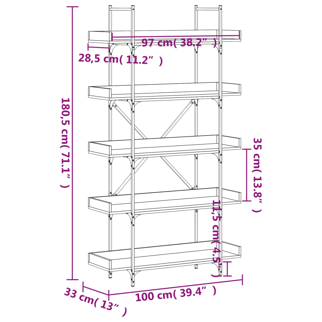 Libreria 5 Ripiani-Scaffale per Libri-Mobile di Stoccaggio Grigio Sonoma 100x33x180,5 Legno Multistrato