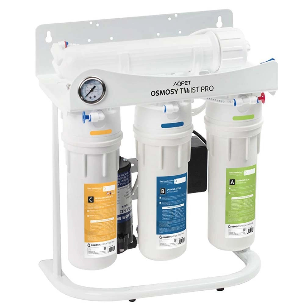 Aqpet Osmosy Twist Pro 75 GPD - impianto a bicchiere a sgancio rapido 4 stadi con pompa booster