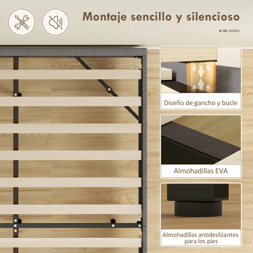 Letto Imbottito con Luci LED e Struttura in Legno ¨C Zephmum ¨C Grigio 140x190 cm
